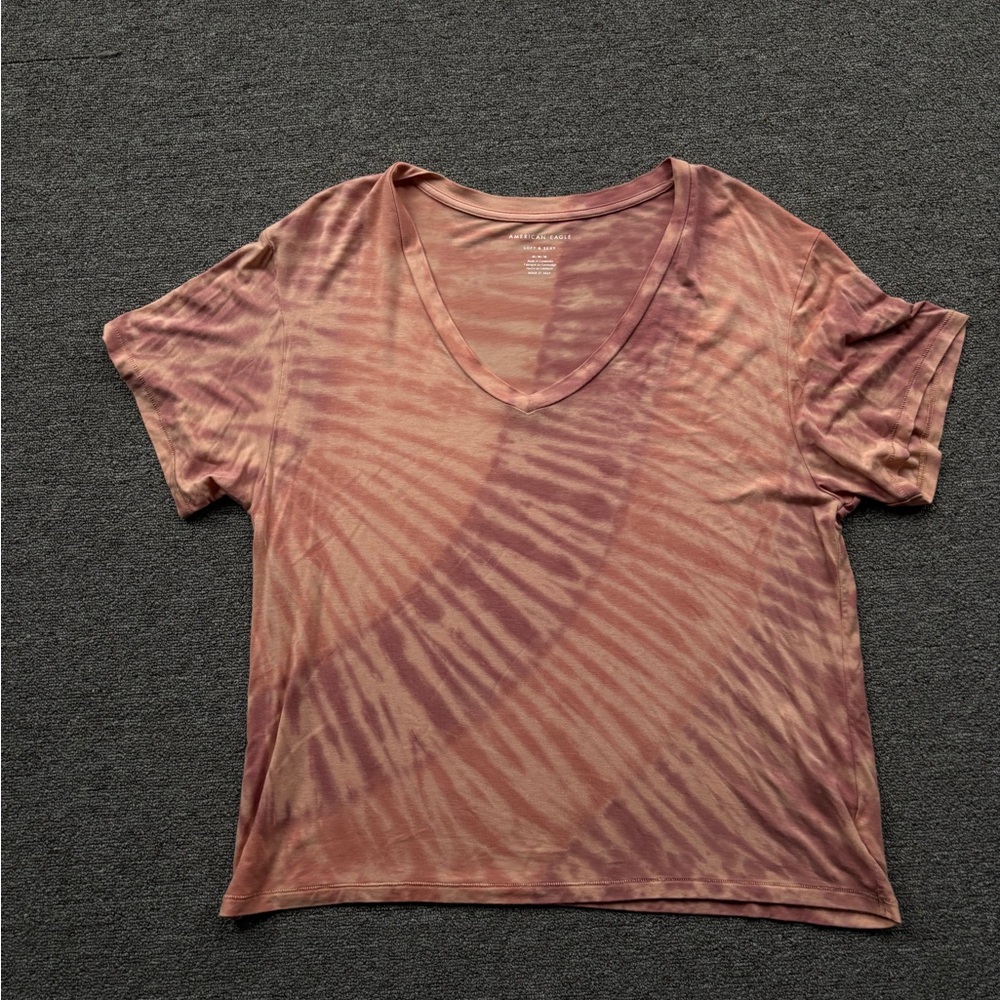 American Eagle Outfitters Pink and Brown Tie-Dye V-Neck Tee
